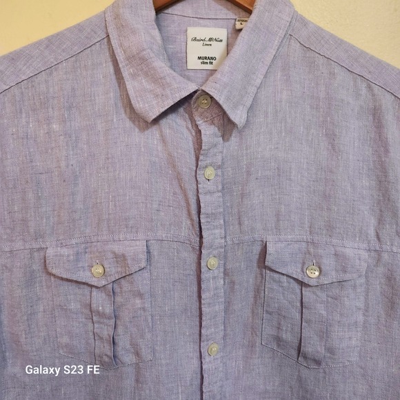 Baird McNutt Linen Murano Slim Fit Short Sleeve Button Up Shirt Mens L Lavender - Picture 4 of 11